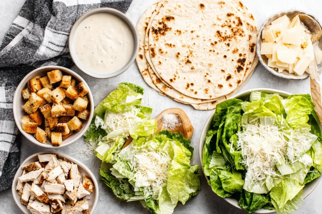 Chicken Caesar Wrap ingredients with romaine lettuce, chicken, croutons, parmesan, dressing, and tortillas