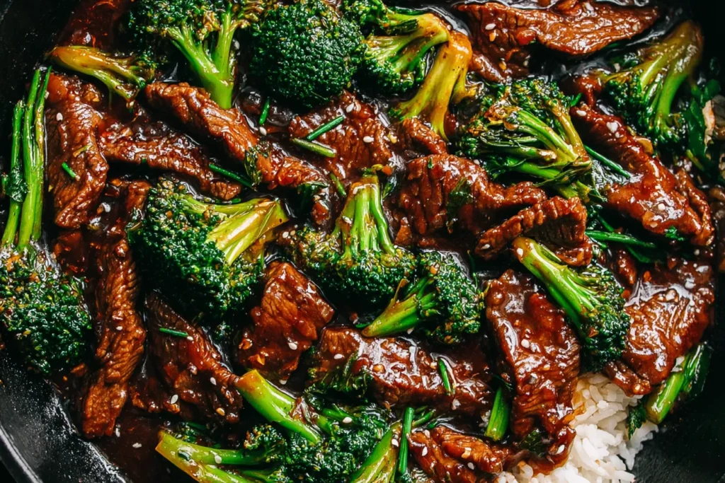 Chinese Beef and Broccoli in a skillet with tender beef slices and glossy stir-fry sauce.