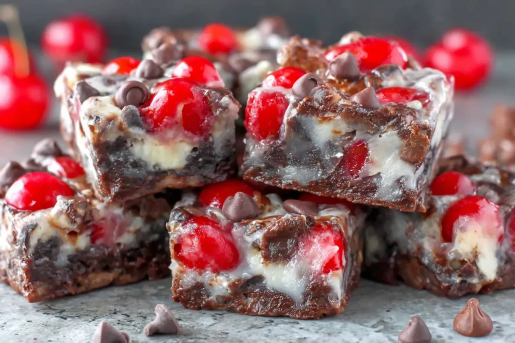 Stacked Chocolate Covered Cherry Magic Bars with cherries and chocolate chips.