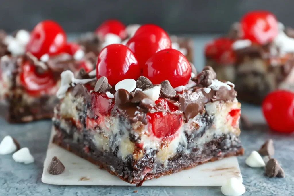 Chocolate Covered Cherry Magic Bars with cherries and chocolate chips on top.