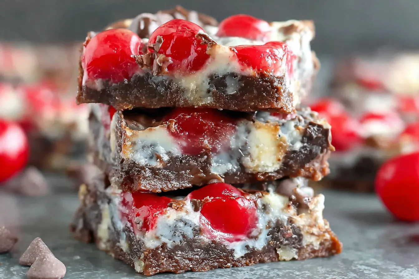 Close-up of stacked Chocolate Covered Cherry Magic Bars with red cherries.