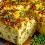 Thick, golden-brown serving of a festive Christmas Breakfast Casserole Recipe with sausage and herbs.