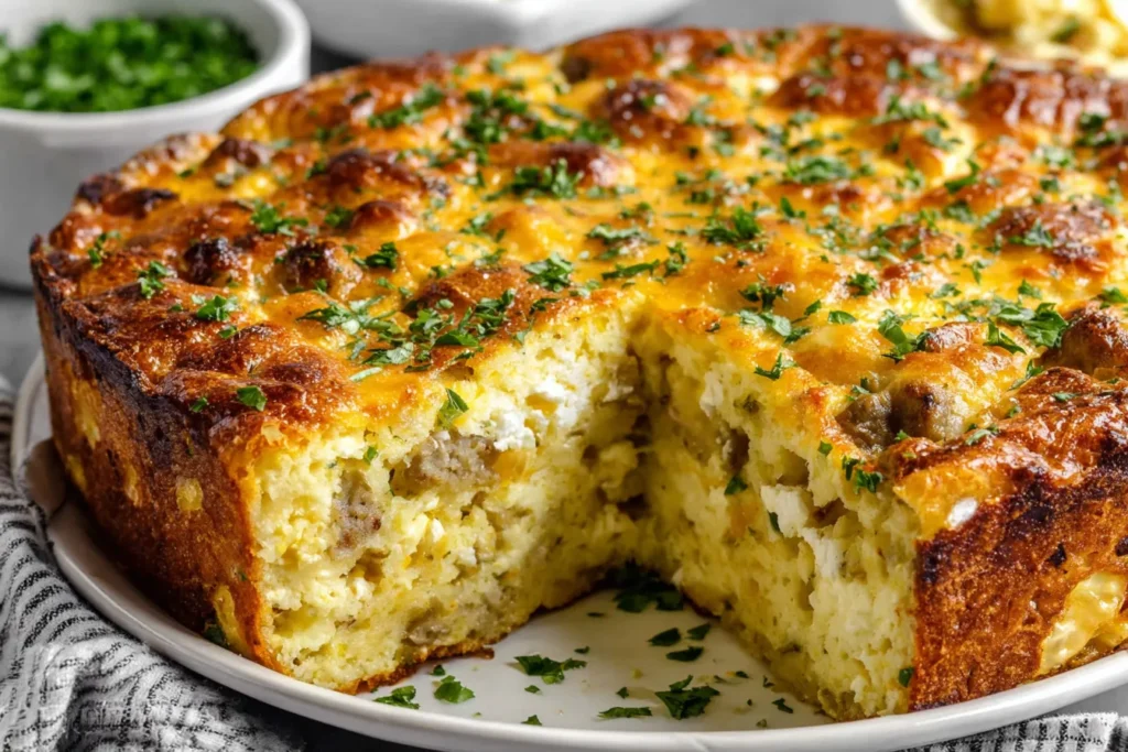 Golden sausage and cheese bake sliced on a plate for a cozy Christmas Breakfast Casserole Recipe.