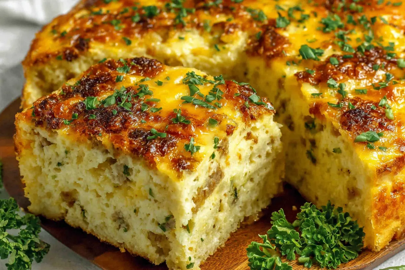 Thick, golden-brown serving of a festive Christmas Breakfast Casserole Recipe with sausage and herbs.