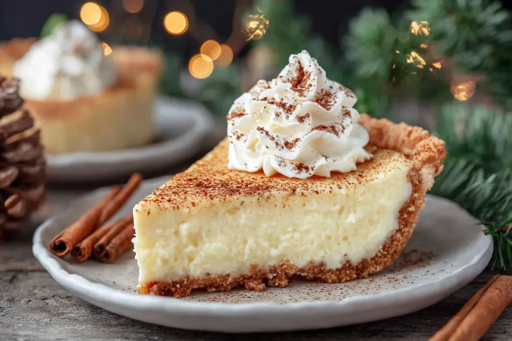 Christmas Eve Cinnamon-Vanilla Custard Pie slice with whipped cream and cinnamon in a festive holiday setting