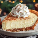 Christmas Eve Cinnamon-Vanilla Custard Pie slice topped with whipped cream and cinnamon on a holiday dessert plate