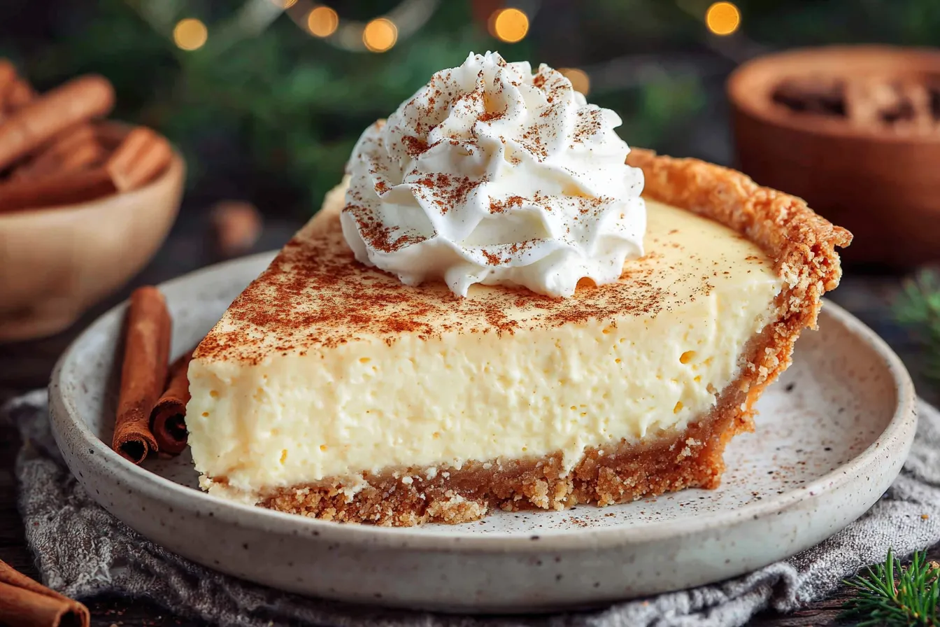 Christmas Eve Cinnamon-Vanilla Custard Pie slice topped with whipped cream and cinnamon on a holiday dessert plate