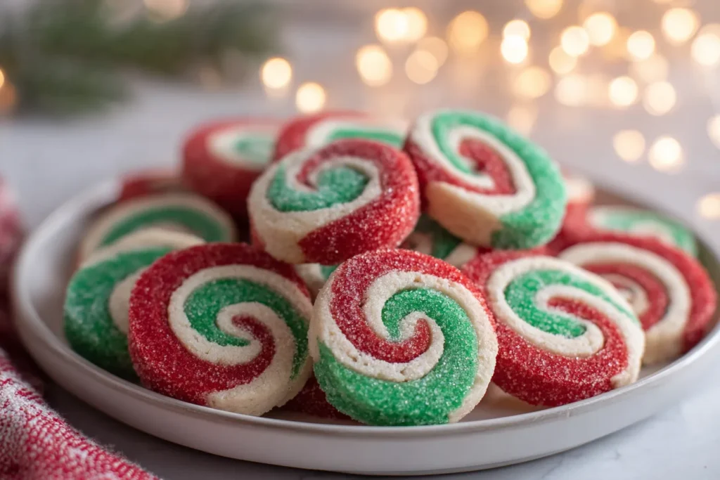 Christmas Pinwheel Cookies with bright red and green swirls on a white plate with holiday lights.