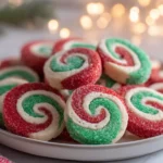 Christmas Pinwheel Cookies with bright red and green swirls on a white plate with holiday lights.