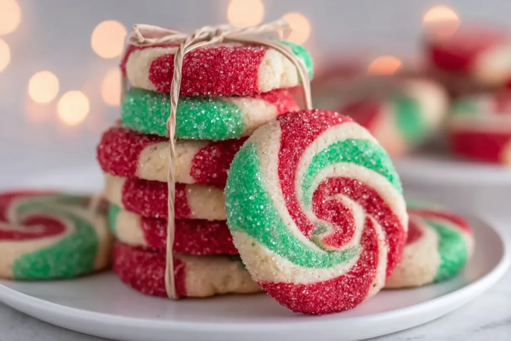 Stack of Christmas Pinwheel Cookies tied with twine, coated in red and green sugar.