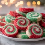 Christmas Pinwheel Cookies arranged on a plate with sparkling sugar and warm holiday lights in the background.