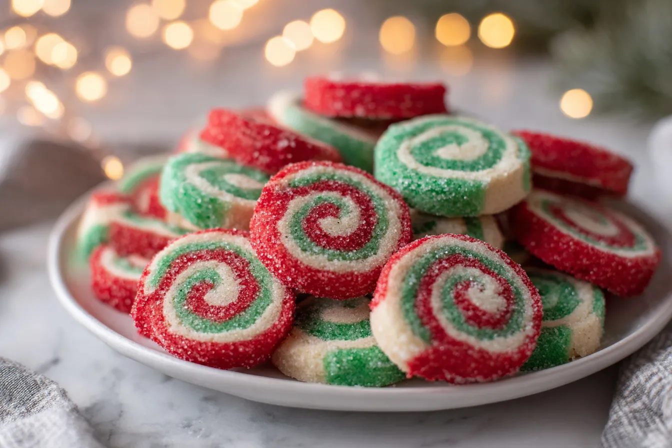 Christmas Pinwheel Cookies arranged on a plate with sparkling sugar and warm holiday lights in the background.