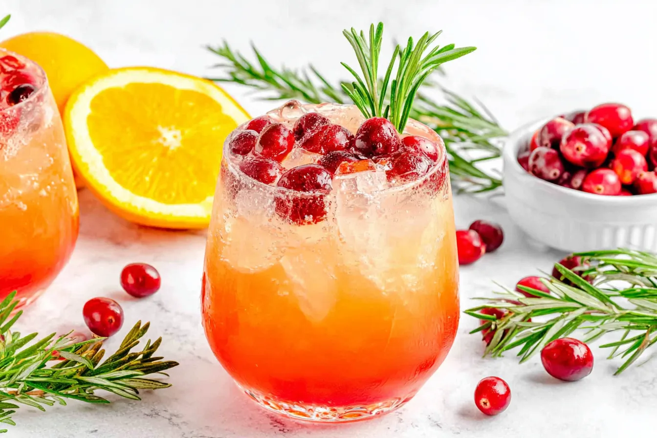 Christmas Punch garnished with cranberries, rosemary, and fresh orange slices