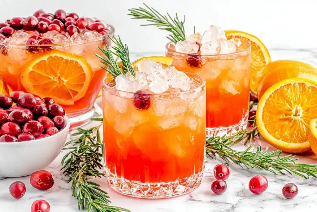 Christmas Punch in festive glasses with cranberries, oranges, and ice