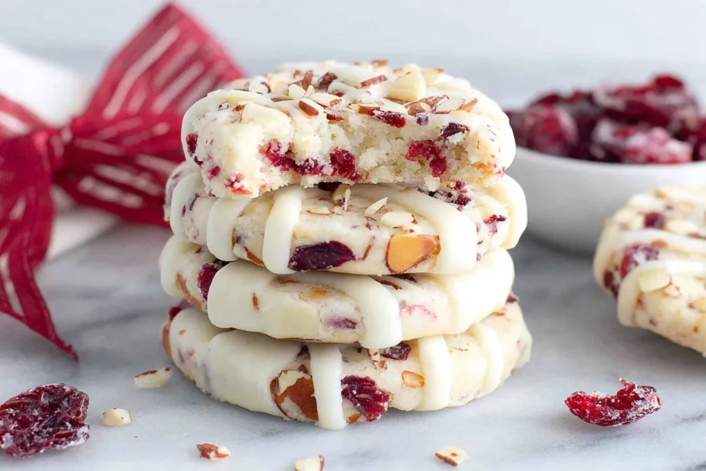 Stack of Cranberry Almond Shortbread Cookies with a bite taken out, showcasing their soft texture.