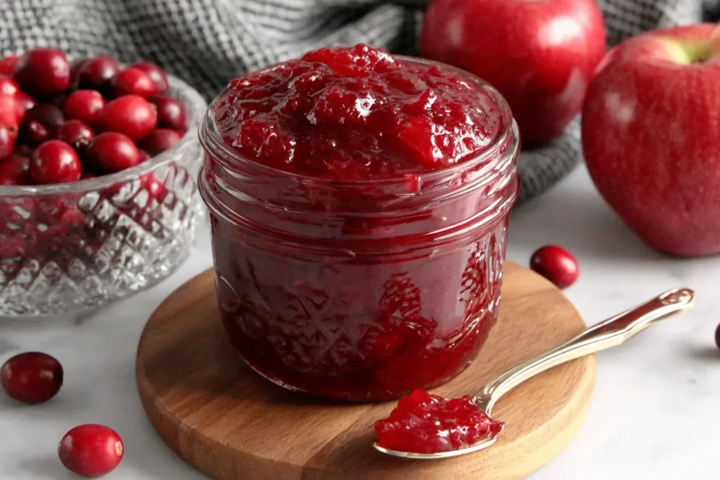 Cranberry Apple Jam in a glass jar with fresh cranberries and apples