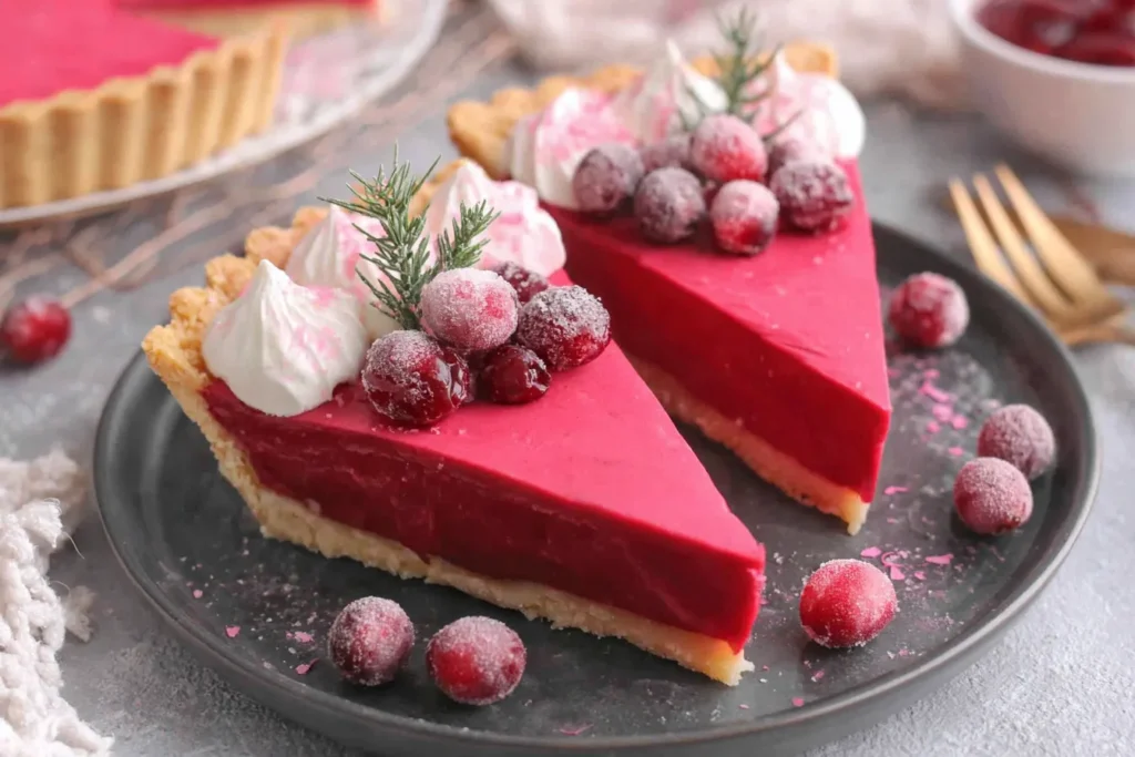 Slices of Cranberry Custard Pie topped with whipped cream and sugared cranberries on a dark plate