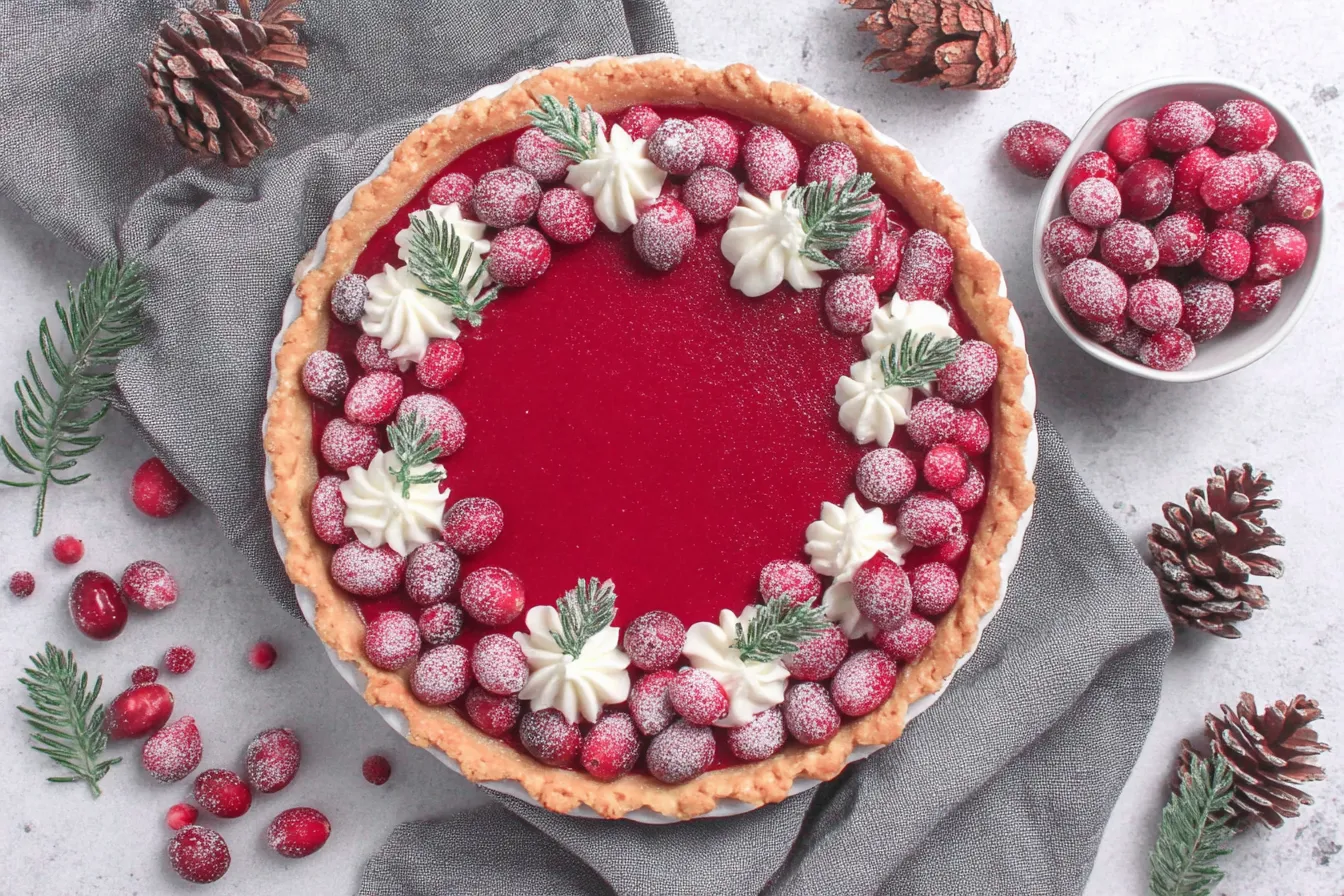 Whole Cranberry Custard Pie decorated with whipped cream, sugared cranberries, and rosemary