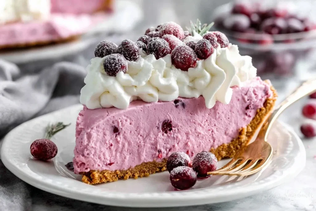 Cranberry Mousse Pie slice with creamy pink filling, gingersnap crust, and whipped cream topped with sugared cranberries