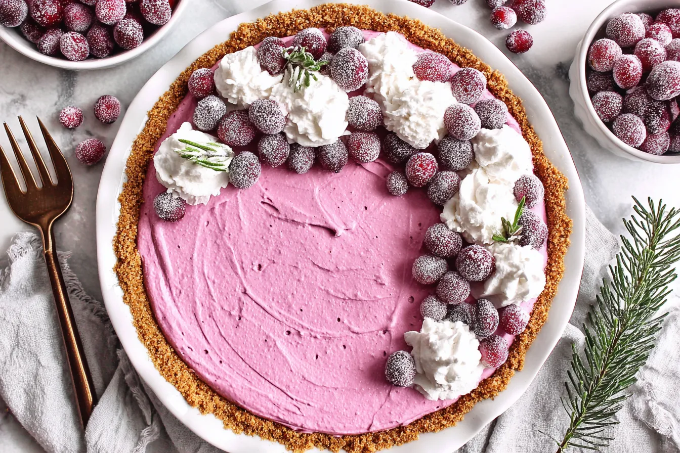 Whole Cranberry Mousse Pie with gingersnap crust topped with whipped cream and sugared cranberries on a white pie plate