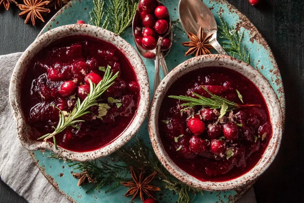 Homemade cranberry sauce served in rustic bowls as the base for Leftover Cranberry Sauce Coffee Cake Muffins