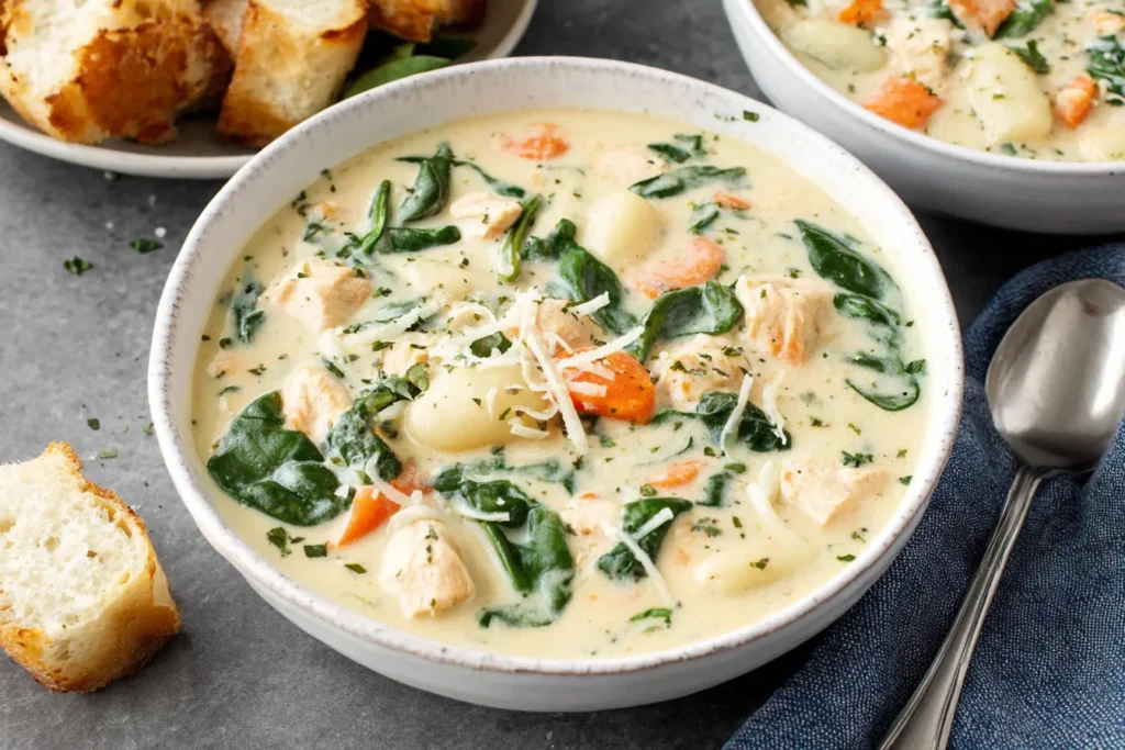 Creamy Crockpot Chicken Gnocchi Soup Recipe served in a bowl with spinach, carrots, tender chicken, and gnocchi