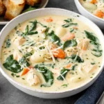 Creamy Crockpot Chicken Gnocchi Soup Recipe served in a bowl with spinach, carrots, tender chicken, and gnocchi