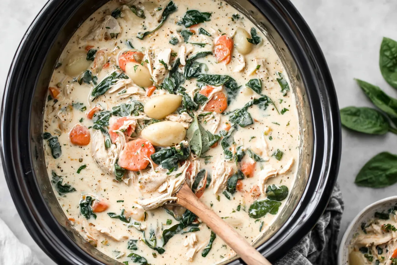 Creamy Crockpot Chicken Gnocchi Soup Recipe cooking in a slow cooker with shredded chicken, spinach, carrots, and gnocchi