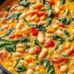 One-pan Creamy Tomato White Bean Stew with spinach and tomatoes