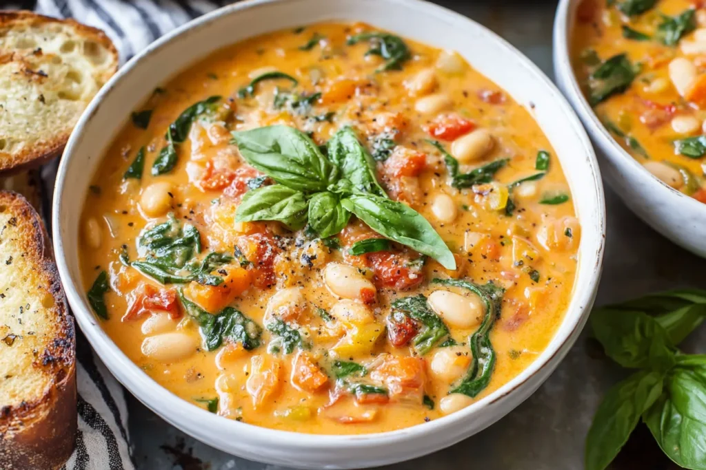 Creamy Tomato White Bean Stew garnished with fresh basil in a white bowl