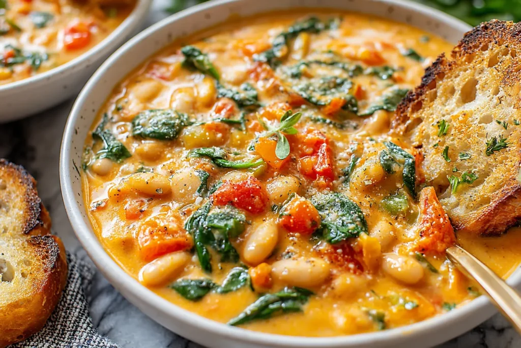 Creamy Tomato White Bean Stew served with spinach and crusty toast