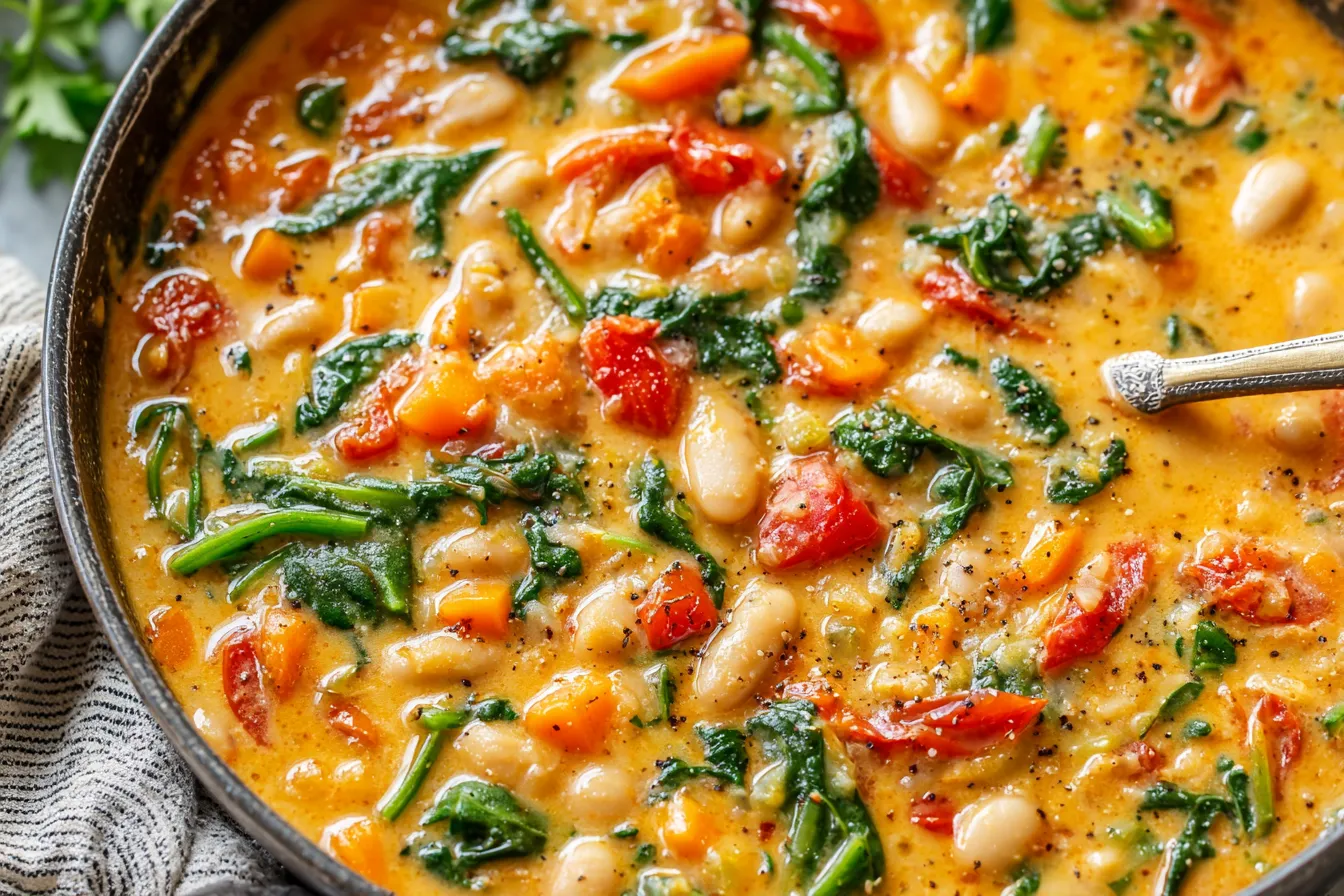 One-pan Creamy Tomato White Bean Stew with spinach and tomatoes