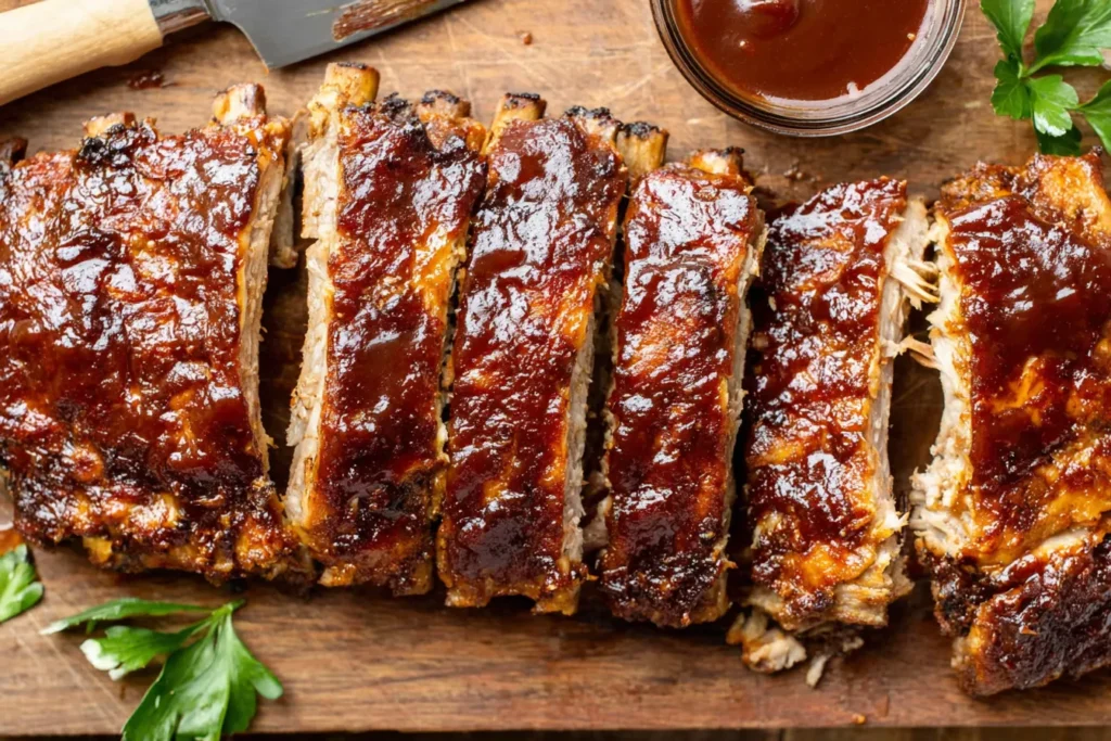 Crock Pot Baby Back Ribs sliced and brushed with barbecue sauce on a serving board