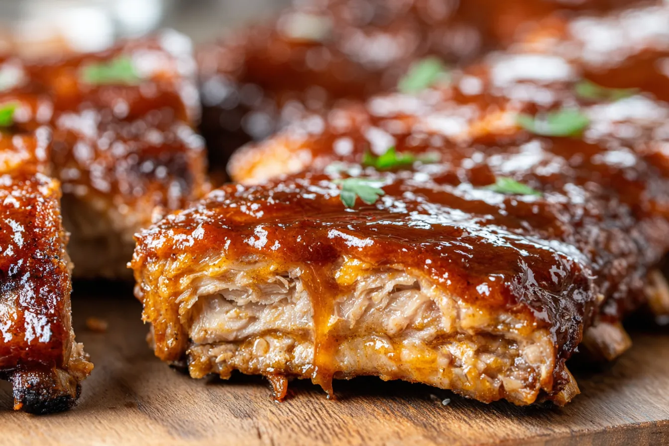 Juicy Crock Pot Baby Back Ribs with caramelized barbecue sauce and tender meat