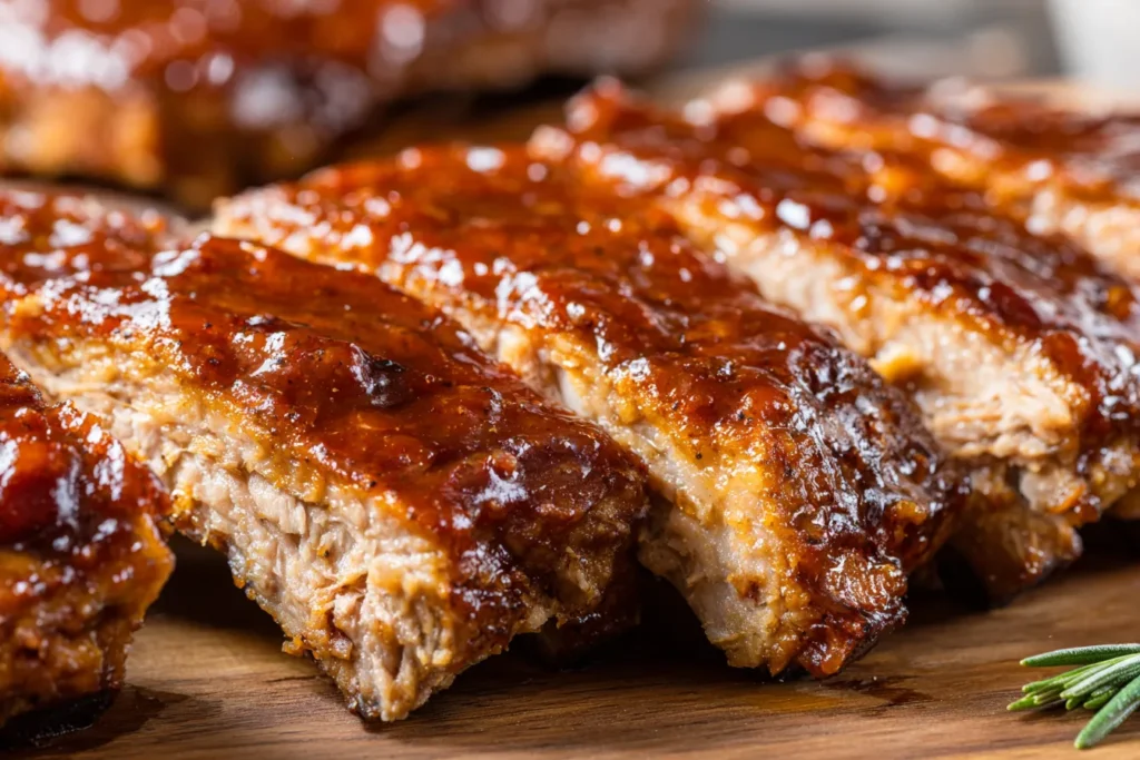 Crock Pot Baby Back Ribs glazed with sticky barbecue sauce and sliced on a wooden board