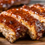 Crock Pot Baby Back Ribs glazed with sticky barbecue sauce and sliced on a wooden board