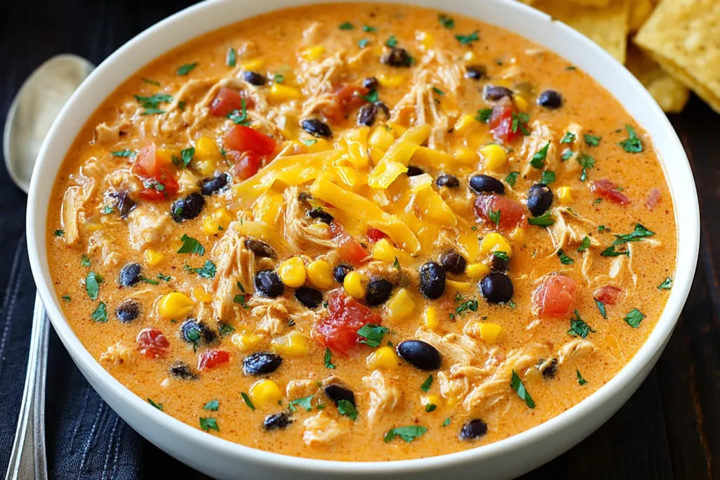 Serving of Crockpot Chicken Tortilla Soup topped with shredded cheese and fresh cilantro.
