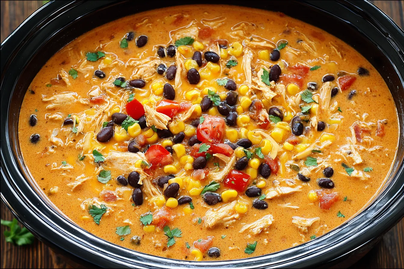 Crockpot Chicken Tortilla Soup with black beans, corn, and shredded chicken in a slow cooker.