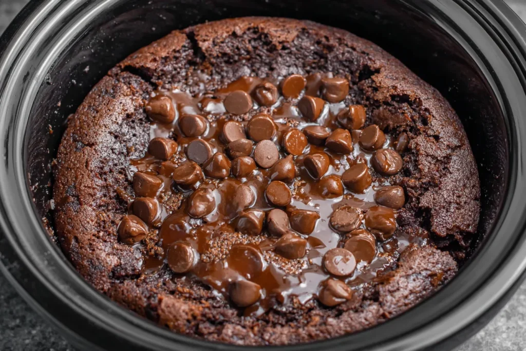 Crockpot Chocolate Lava Cake cooking in a slow cooker with melted chocolate chips on top