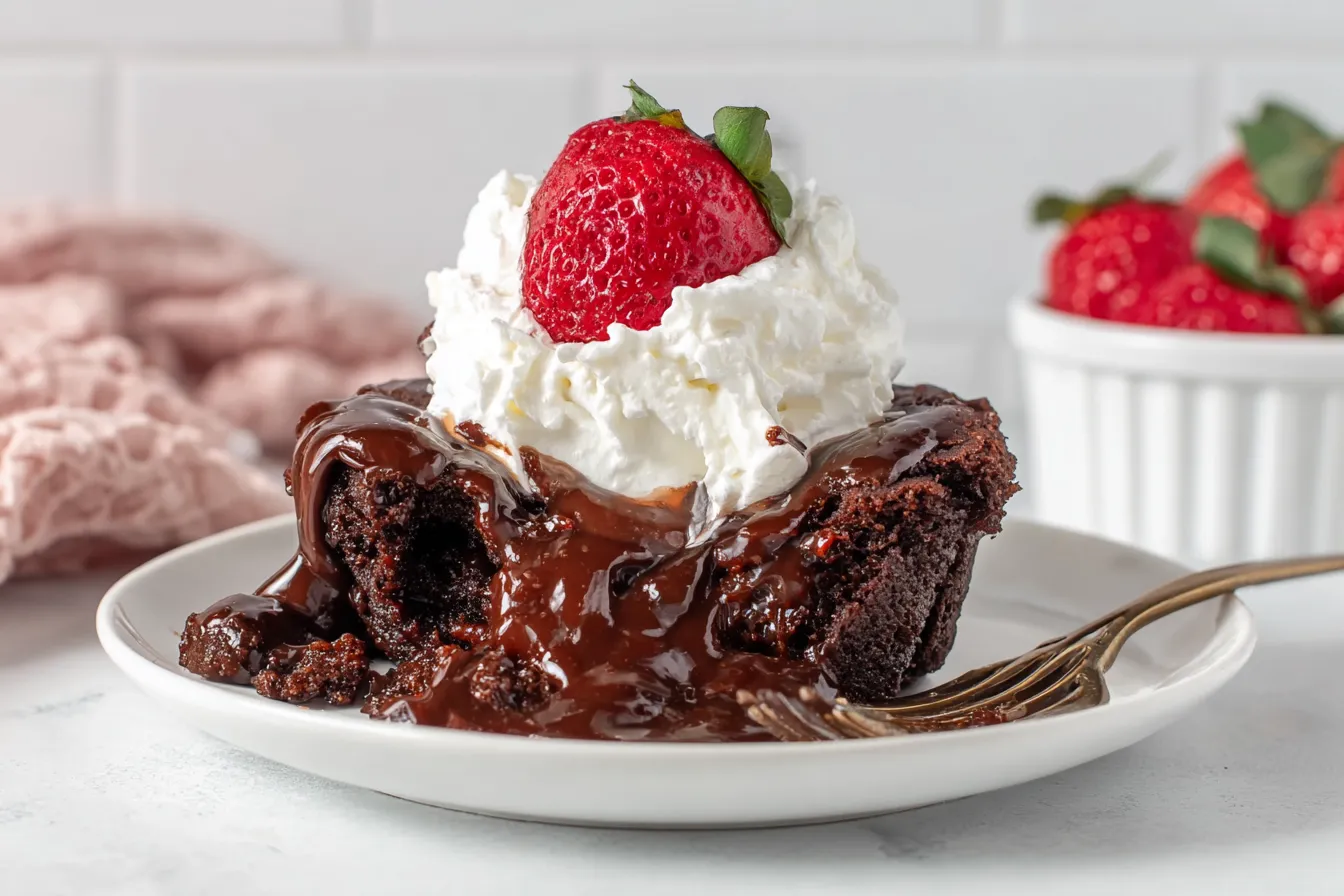 Crockpot Chocolate Lava Cake served warm with whipped cream and a fresh strawberry on top