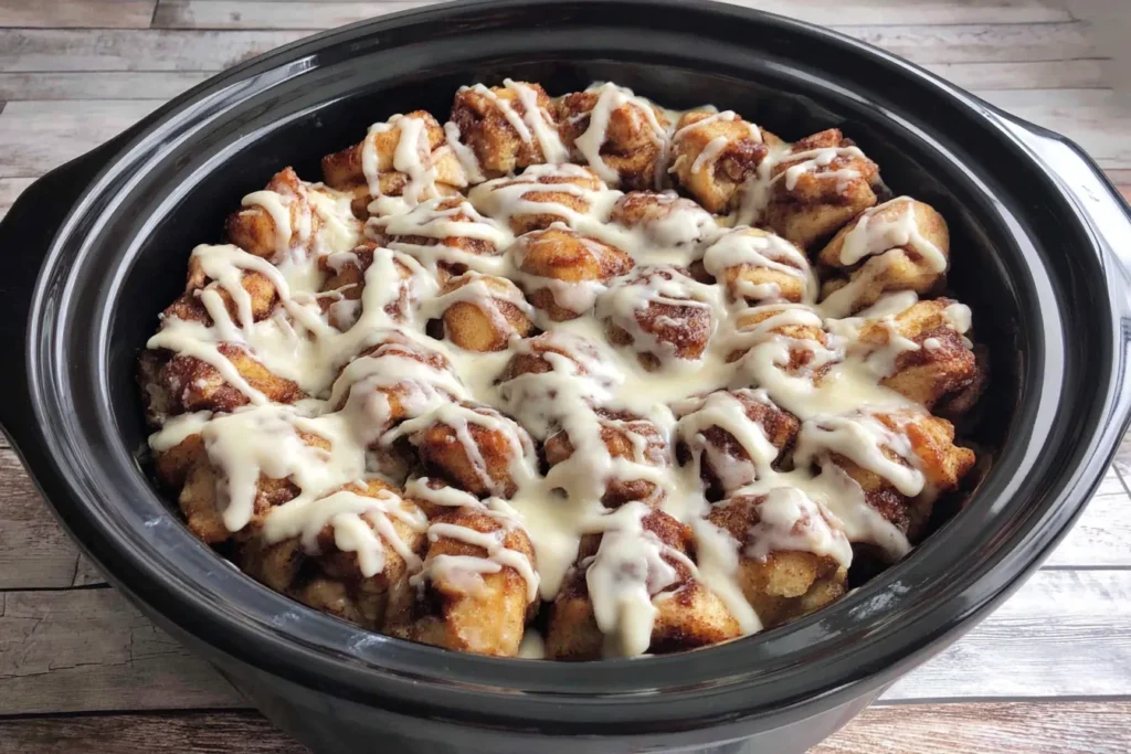 Crockpot Cinnamon Roll Monkey Bread topped with vanilla icing in a slow cooker