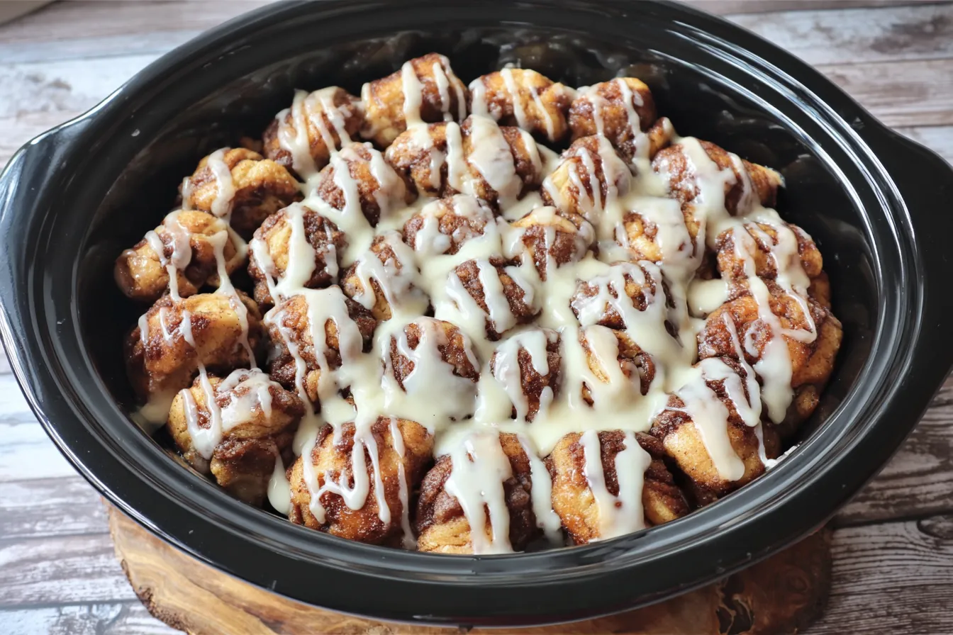 Crockpot Cinnamon Roll Monkey Bread with cinnamon sugar and icing glaze