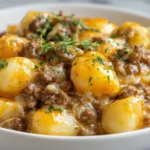 Crockpot Hamburger Potato Casserole Recipe served hot with seasoned ground beef, soft potatoes, and melted cheese