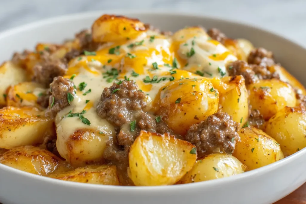 Crockpot Hamburger Potato Casserole Recipe with tender potatoes, ground beef, and melted cheddar cheese in a creamy sauce