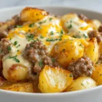 Crockpot Hamburger Potato Casserole Recipe with tender potatoes, ground beef, and melted cheddar cheese in a creamy sauce