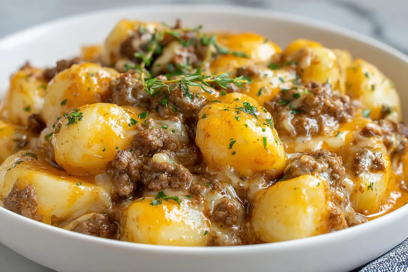 Crockpot Hamburger Potato Casserole Recipe served hot with seasoned ground beef, soft potatoes, and melted cheese