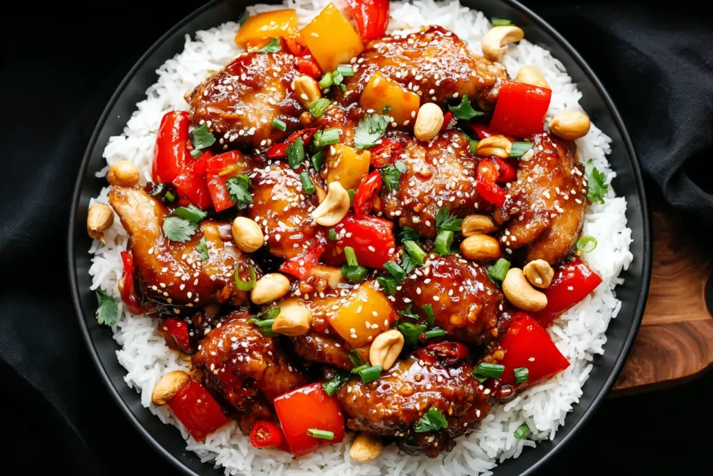 Crockpot Kung Pao Chicken served over fluffy white rice with peppers and peanuts.