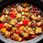 Crockpot Kung Pao Chicken with bell peppers and peanuts simmering in a slow cooker.