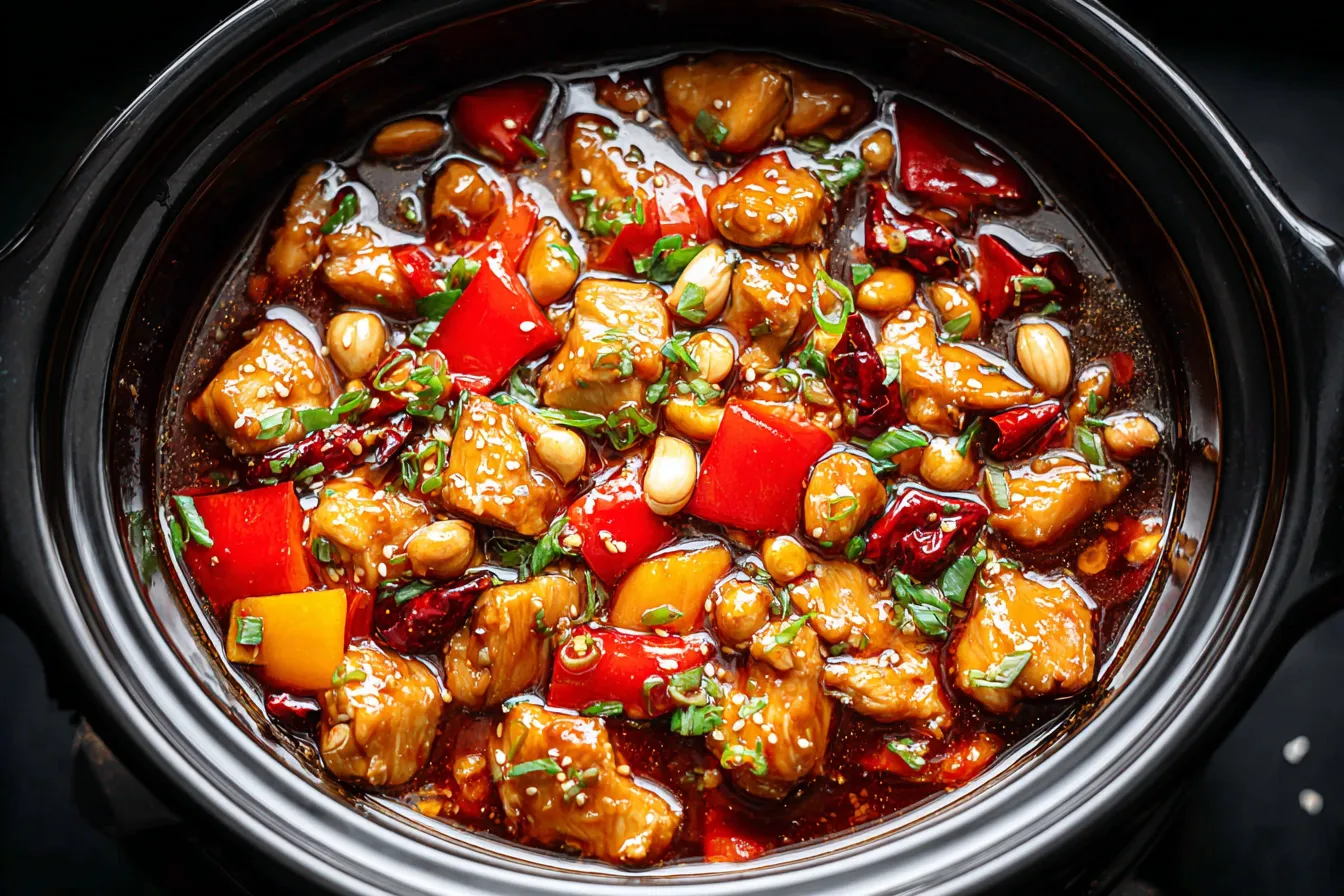 Crockpot Kung Pao Chicken with bell peppers and peanuts simmering in a slow cooker.