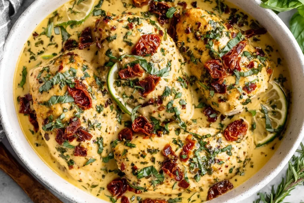 Creamy Crockpot Marry Me Chicken topped with sun-dried tomatoes and fresh basil in a rich parmesan sauce.